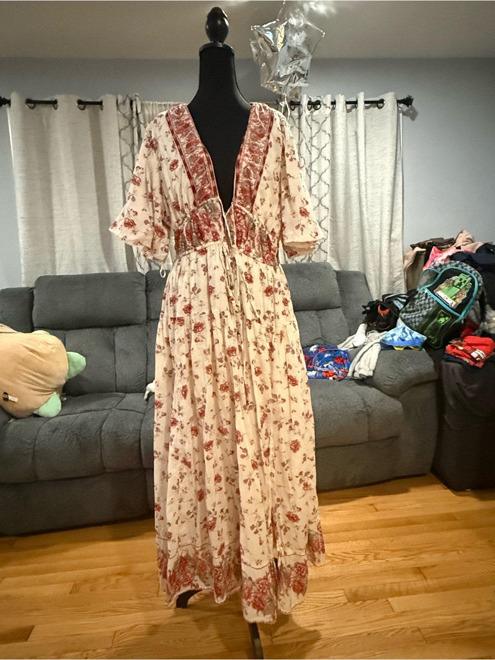 Free People Ivory Maxi Dress with Red Floral Print